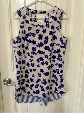 CAbi Cream Sleeveless Blouse with Bold Blue Floral Print